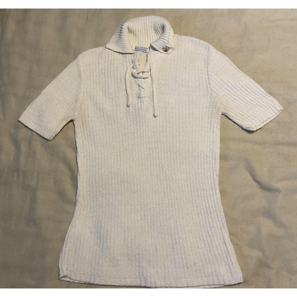 Vintage Sears Sweater Womens Medium White Lace Up‎ Short Sleeve Made USA 1970s
